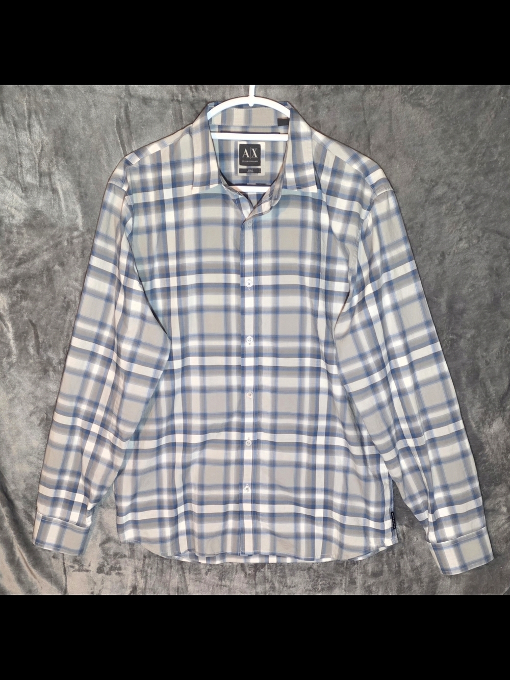 Armani Exchange Men's Light Blue and White Plaid Dress Shirt